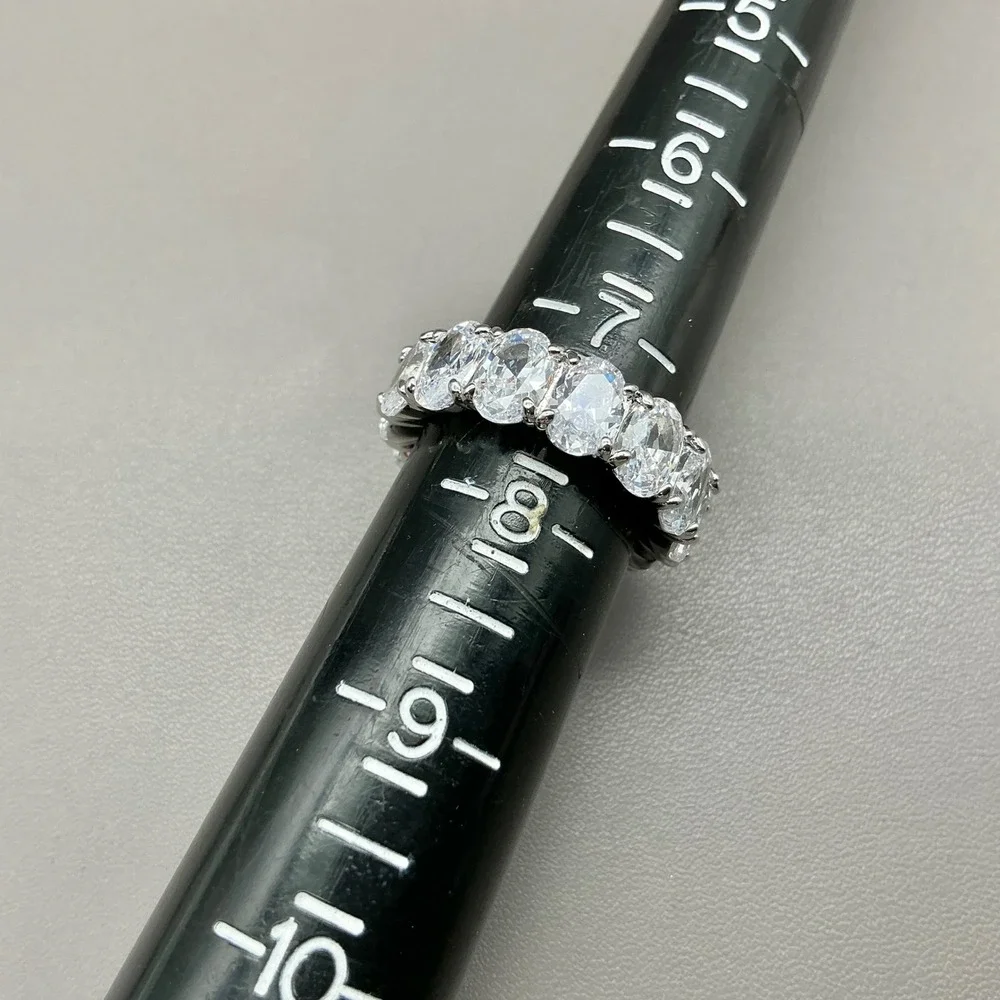 Eamtj Oval Eternity Band Ring Women Silver Tone Cubic Zirconia Statement Sz 7.5